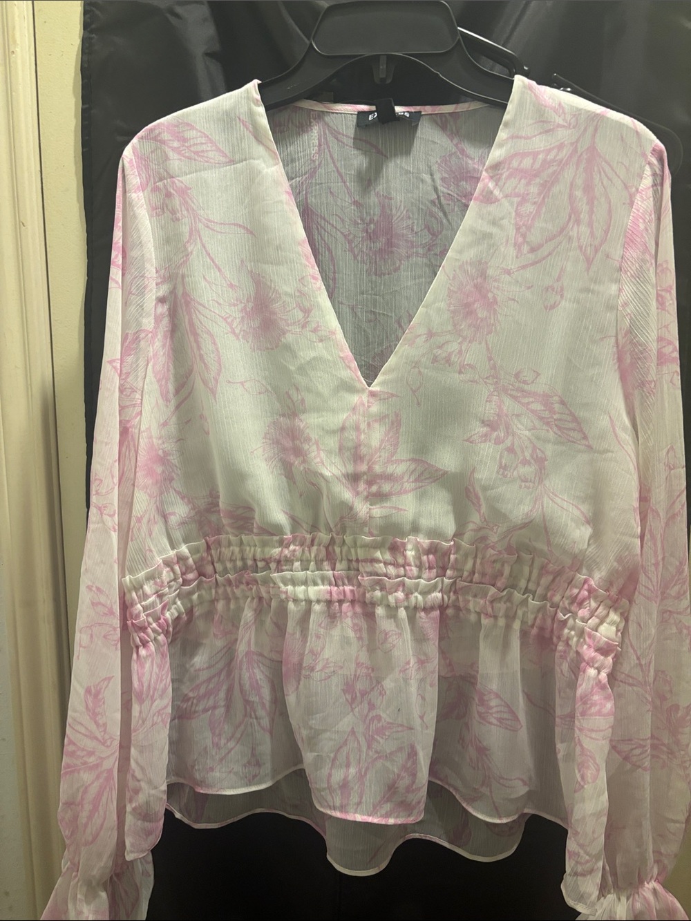 Express White Blouse with Light Pink Floral Print and Peplum Waist